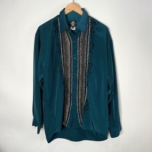 Vintage Husky Club Shirt Button Up Teal Abstract Embroidered Music Note Men's L